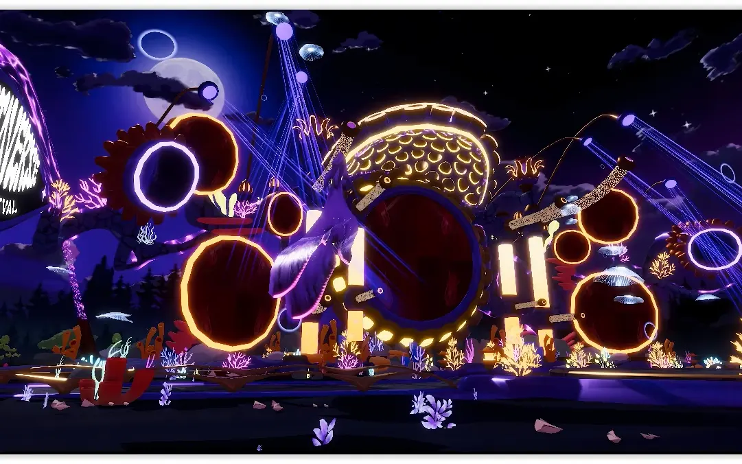这是一张虚拟现实游戏截图，显示了夜晚星空下，色彩鲜艳的音乐元素和光环围绕的梦幻场景。