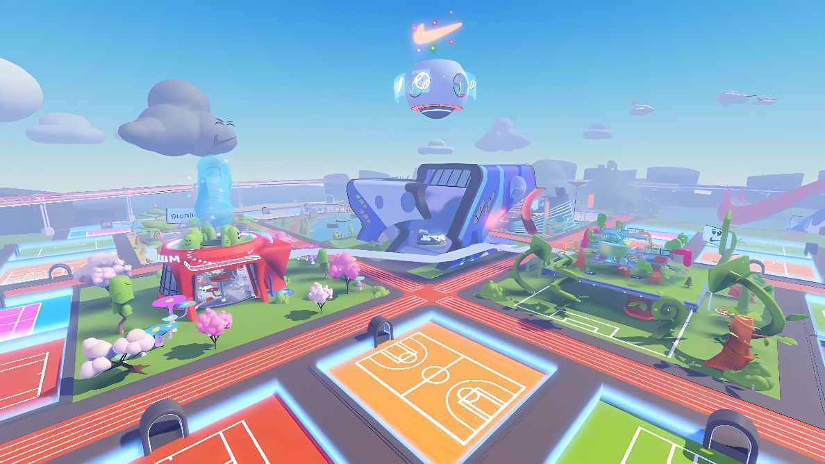 这是一张充满活力的虚拟现实游戏场景图，包含多彩建筑、飞船、云朵和各种娱乐设施，呈现出未来科技乐园的感觉。