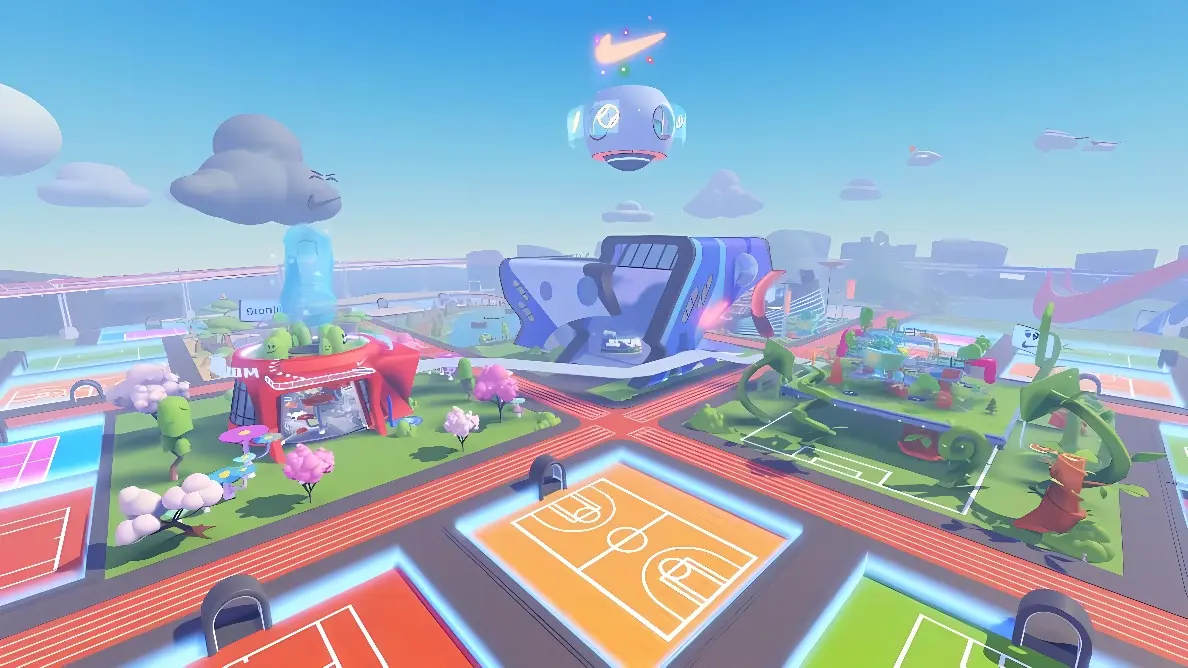 这是一张充满活力的虚拟现实游戏场景图，有多彩的建筑、飘浮的机器人、运动场地和悬浮的车辆，呈现出未来科技感。
