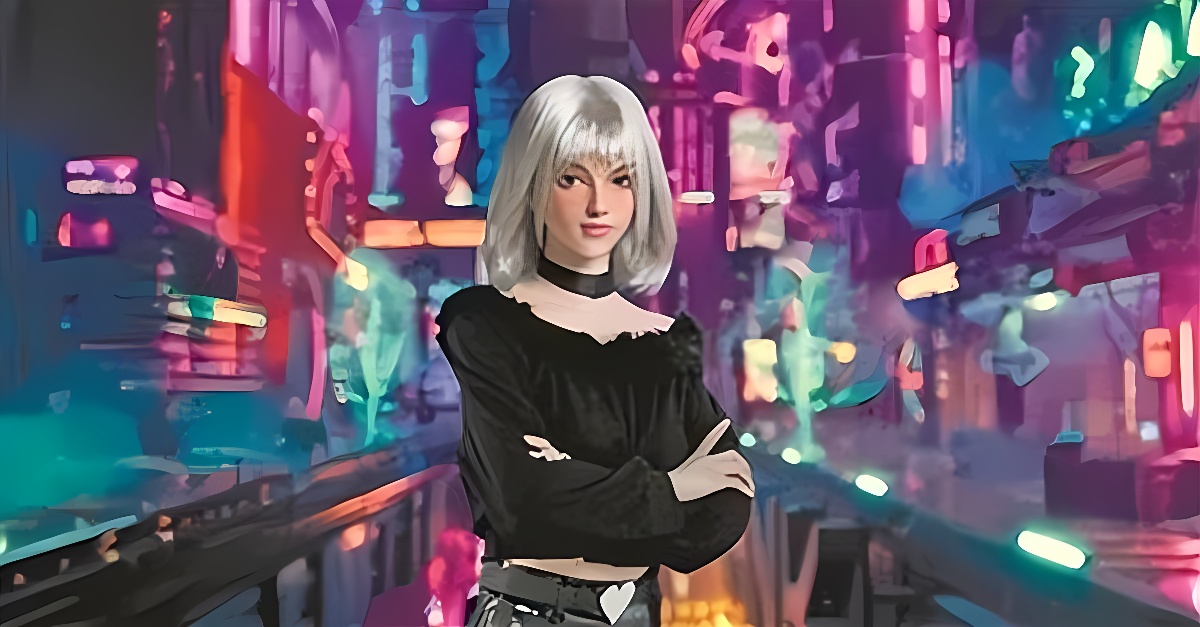 图片展示了一位白发女性站在霓虹灯闪烁的城市背景前，她穿着黑色上衣，双臂交叉，神态自信。