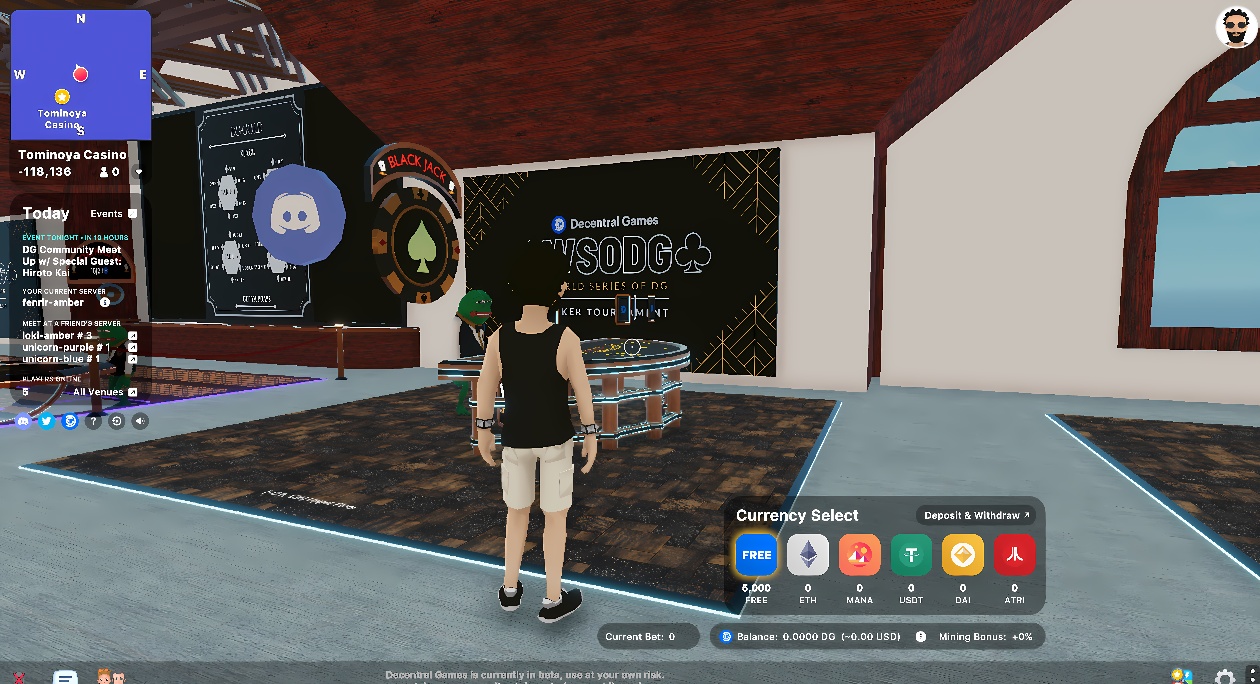 图片展示了一个电子游戏场景，一个穿着短裤和帽子的角色站在赌场内，前方是赌博桌和赌场的装饰。