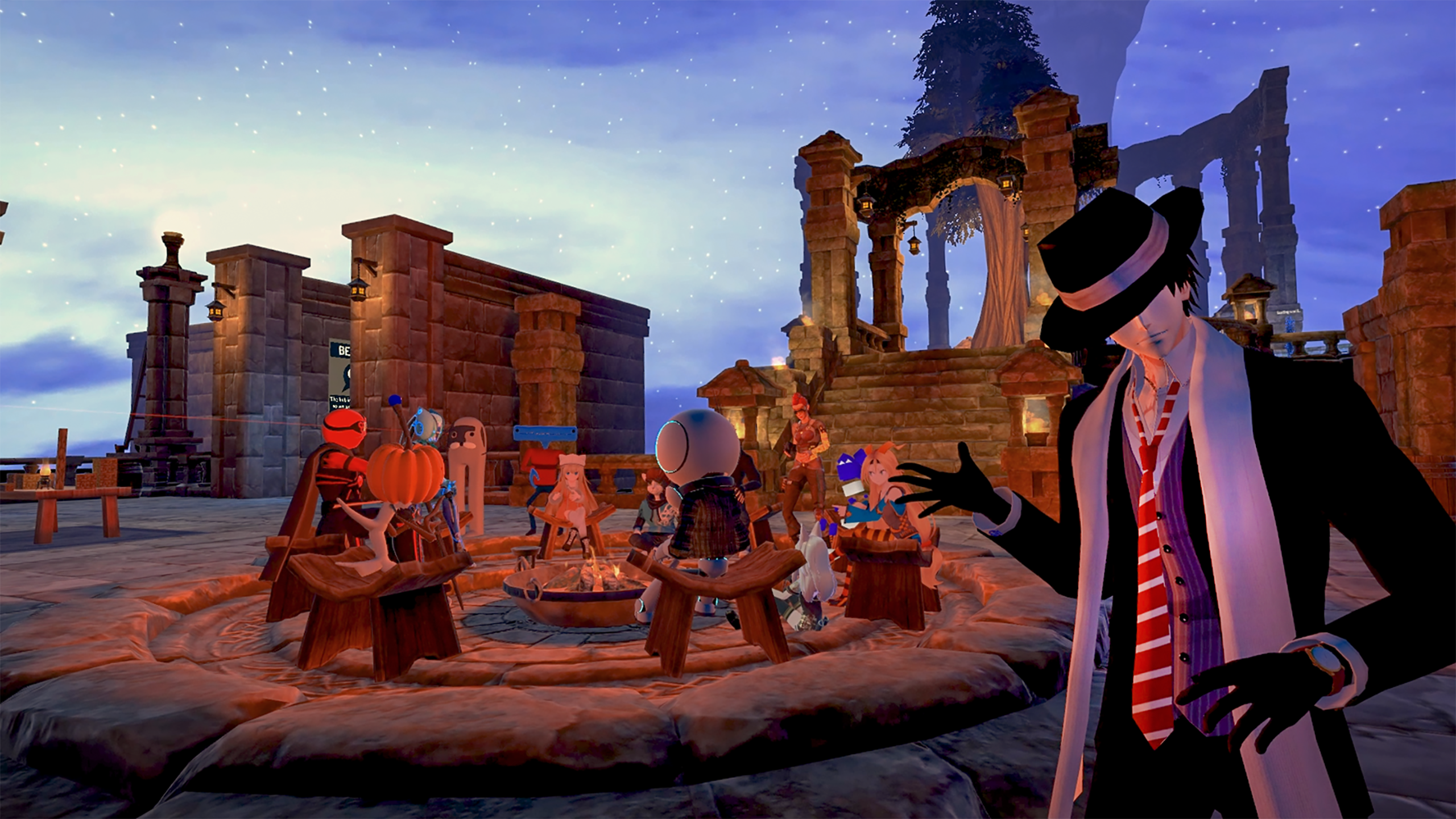 图片展示了一款游戏内的场景，几个卡通风格的角色围坐在篝火旁，背景是夜晚的星空和废墟建筑。