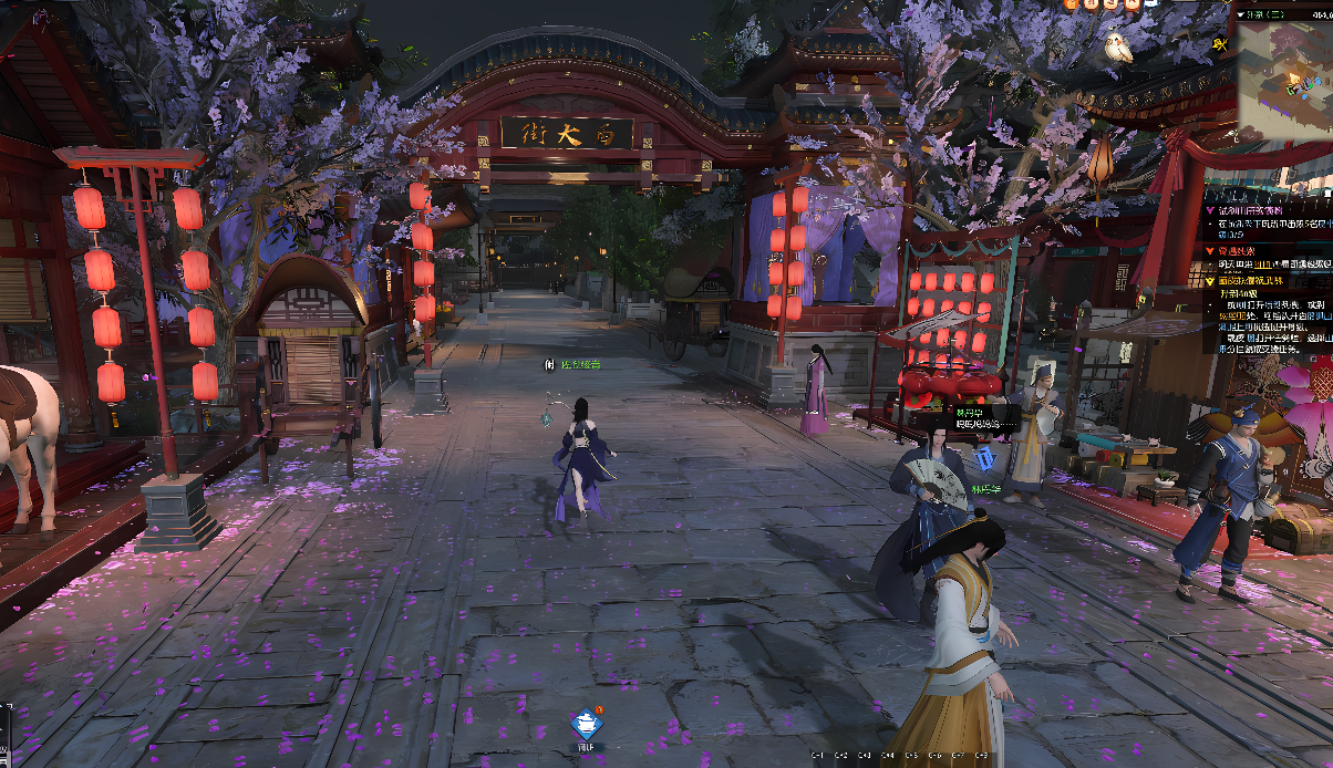 这是一张游戏截图，展示了一个亚洲风格的虚拟场景，有角色、樱花树、灯笼和建筑物，氛围古典而祥和。