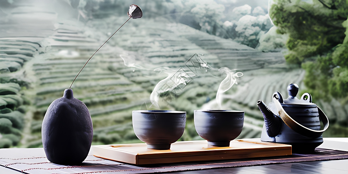 图片展示了一套中国茶具，包括壶和杯子，摆放在窗前，外面是茶园风景，茶香四溢，透出宁静和谐的氛围。
