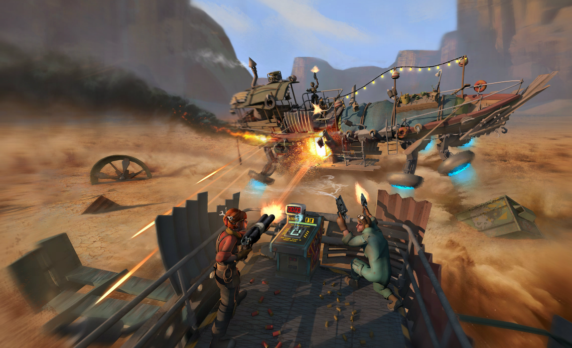 这是一张游戏截图，显示两名角色在沙漠中对抗一辆装备重型火炮的飞行船只，四周是沙尘和残骸。