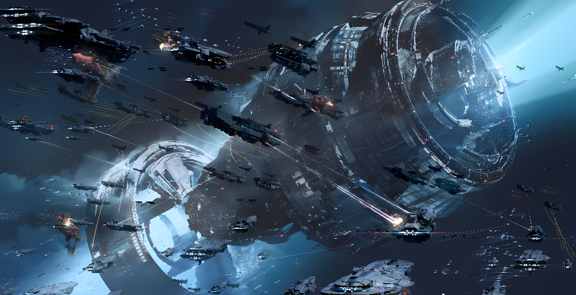 这是一幅描绘太空战斗场景的科幻艺术作品，包含多艘宇宙飞船、爆炸效果和激烈的激光交火。