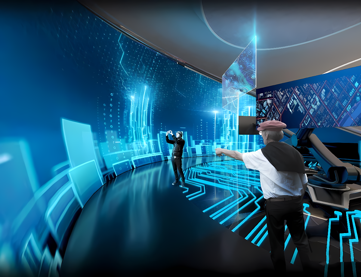 图片展示了两个人在高科技虚拟现实室内，他们戴着VR头盔，似乎在与数字化界面互动。环境充满了蓝色光影和数据图形。