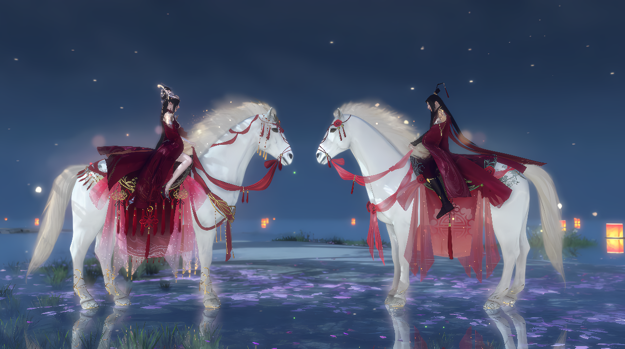 图片展示了两位身着古代华服的角色骑在白马上，背景是夜晚星空与水面，周围点缀着灯笼，营造出神秘而优雅的氛围。