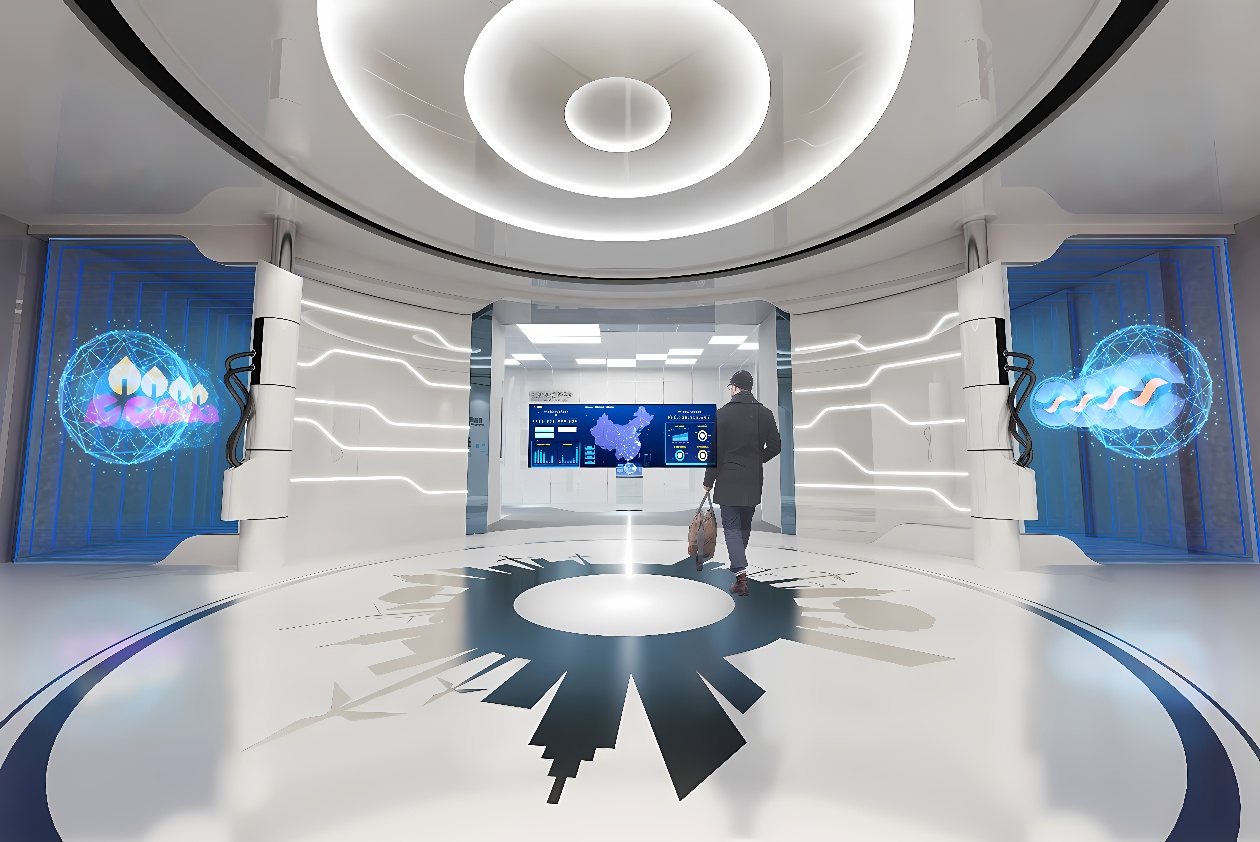 图片展示了一位站立的人在高科技房间内，房间装饰现代，有屏幕和发光的图案，整体给人未来感。