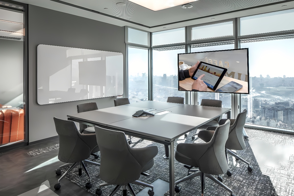 图片展示了一间现代化的会议室，配有大窗户、城市景观、一张长会议桌和多把椅子。墙上挂有一块屏幕。