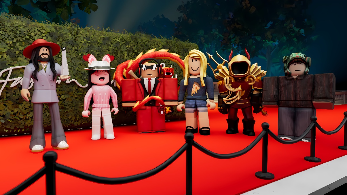 图片展示了七个不同风格的虚拟角色站在红地毯上，背景是绿色植物，角色看起来像是准备参加某种活动。