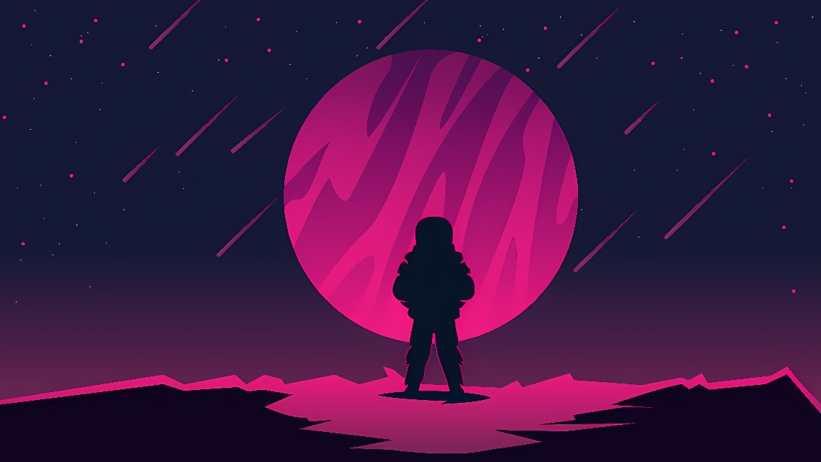 这是一张插画，展示了一个宇航员站在外星地表前，背景有巨大的紫色行星和流星雨，整体色调神秘而科幻。