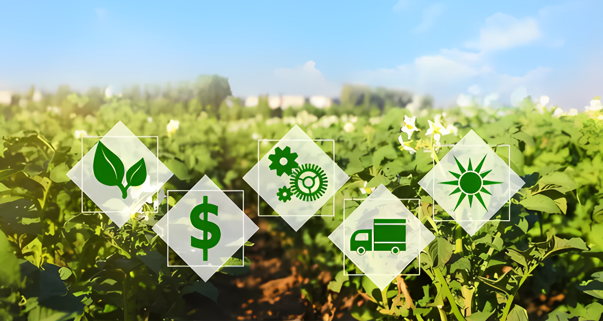 图片展示了一片农田，上方有几个代表可持续性和经济活动的图标，如叶子、齿轮、货车和货币符号。