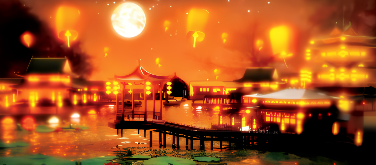 这是一幅东亚风格的虚构风景画，描绘了满天孔明灯、明月照耀下的古典建筑群和水面，营造出祥和温馨的夜晚氛围。