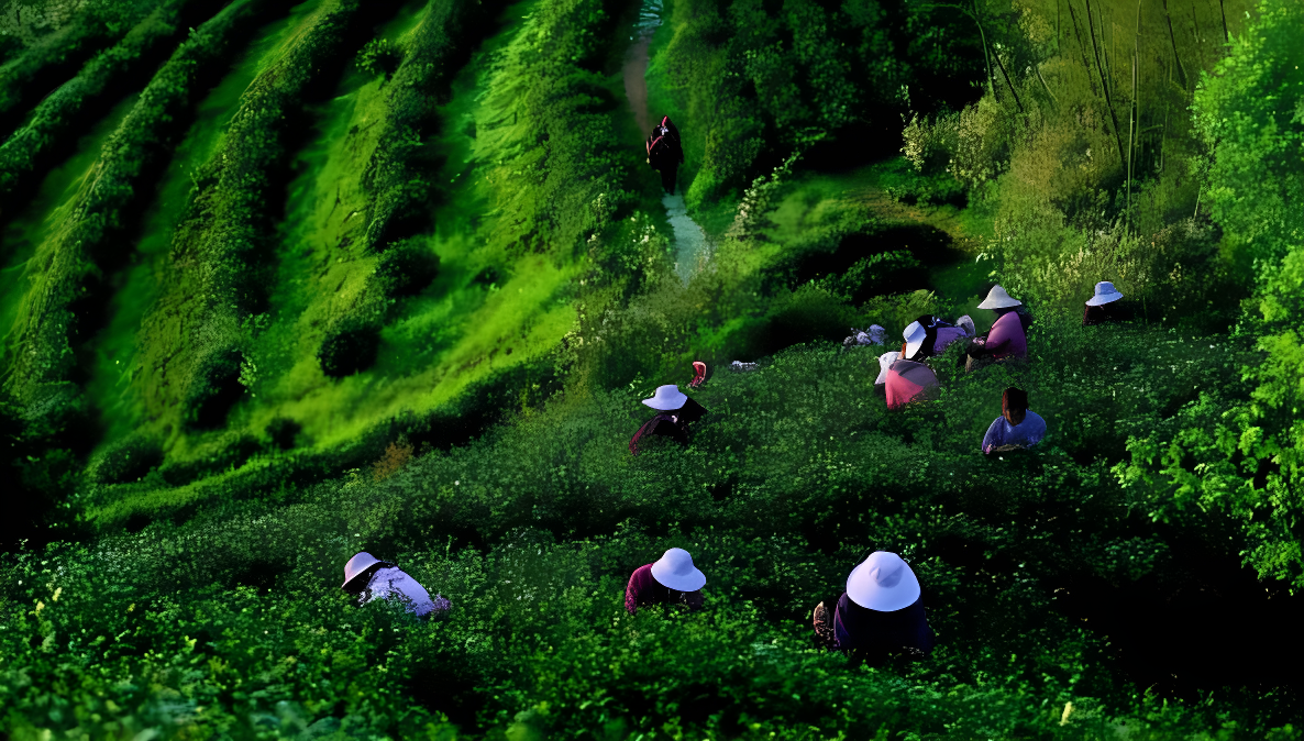 图片展示了一群戴着草帽的人在郁郁葱葱的茶园中采摘茶叶，环境宁静，绿意盎然。
