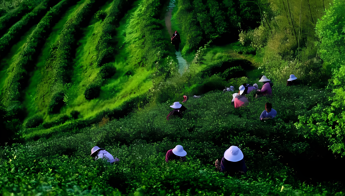 图片展示了一群佩戴宽边帽的人在郁郁葱葱的茶园里采茶，茶园位于起伏的山坡上，环境宁静优美。