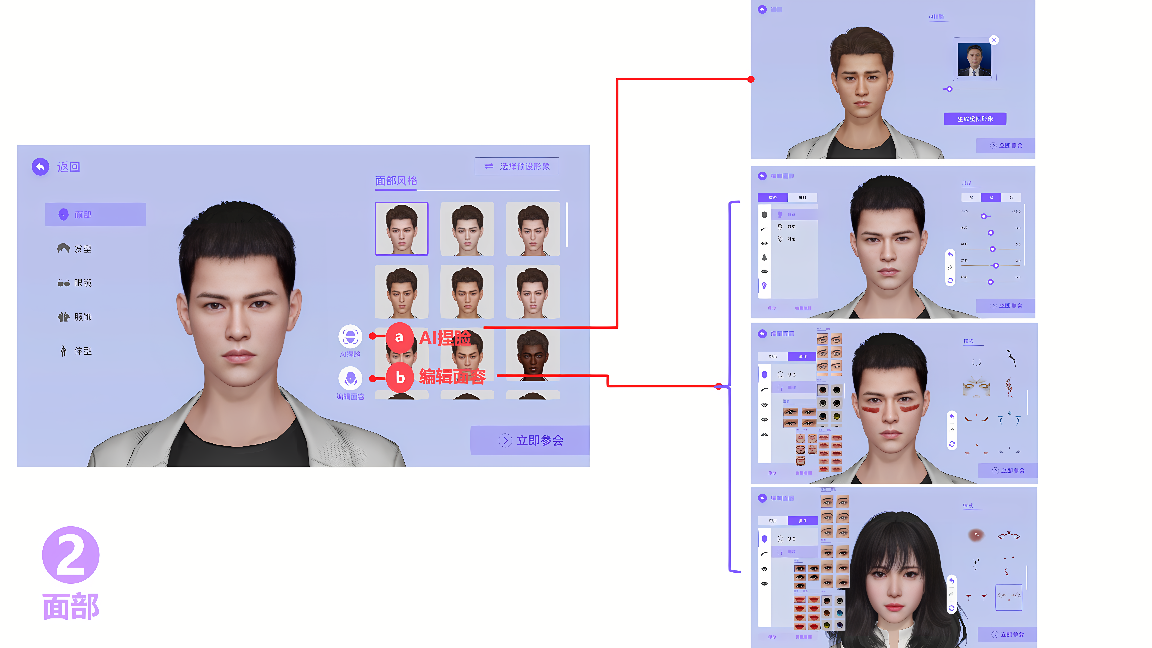 图片展示了一个角色创建界面，用户可以定制角色的外观，包括发型、脸型等，界面下方有一个实时预览窗口。