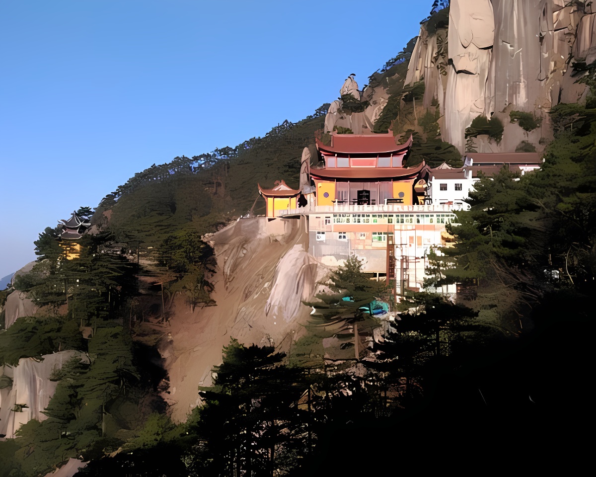 这是一座位于山崖上的中国传统风格寺庙，周围有树木和岩石，天空呈现清澈的蓝色。