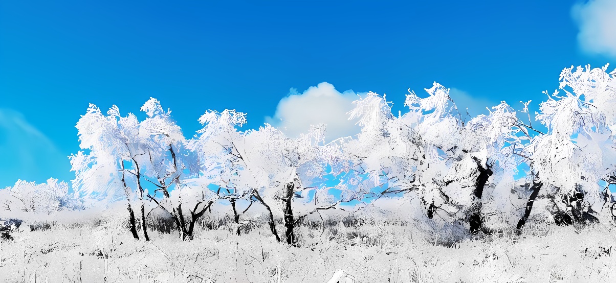 这是一幅描绘冬季景象的图片，树木覆盖着白雪，背景是蔚蓝的天空和几朵白云，整体给人一种宁静寒冷的感觉。