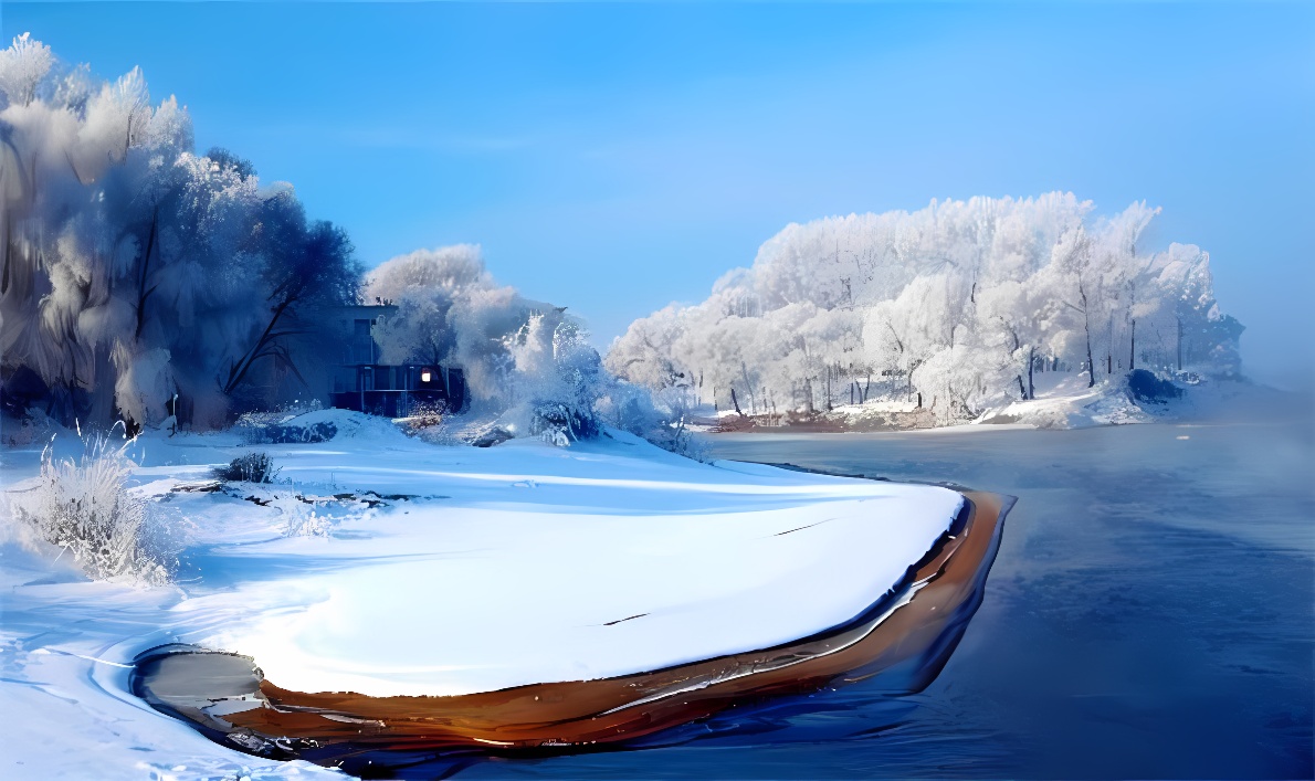 这是一幅描绘冬季河景的图片，河岸覆盖着雪，树木挂满霜花，远处有房屋，整个场景显得宁静而美丽。