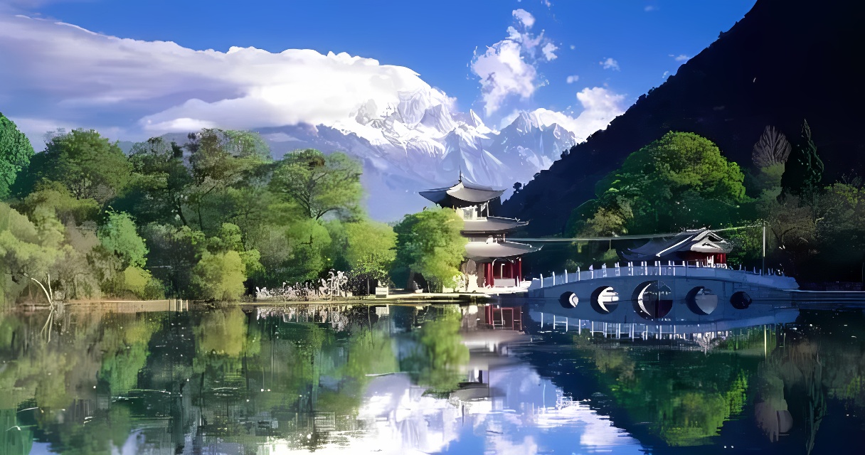 图片展示了一座亭子和一座桥坐落在宁静的湖边，背后是壮观的山脉和蓝天，景色宁静美丽。