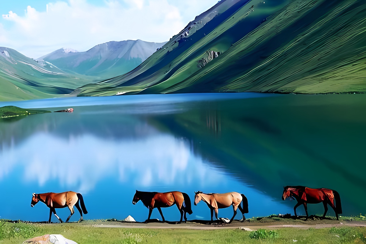 图片展示了五匹马在湖边草地上行走，背景是蓝天、山脉和宁静的湖水，景色宁静美丽。