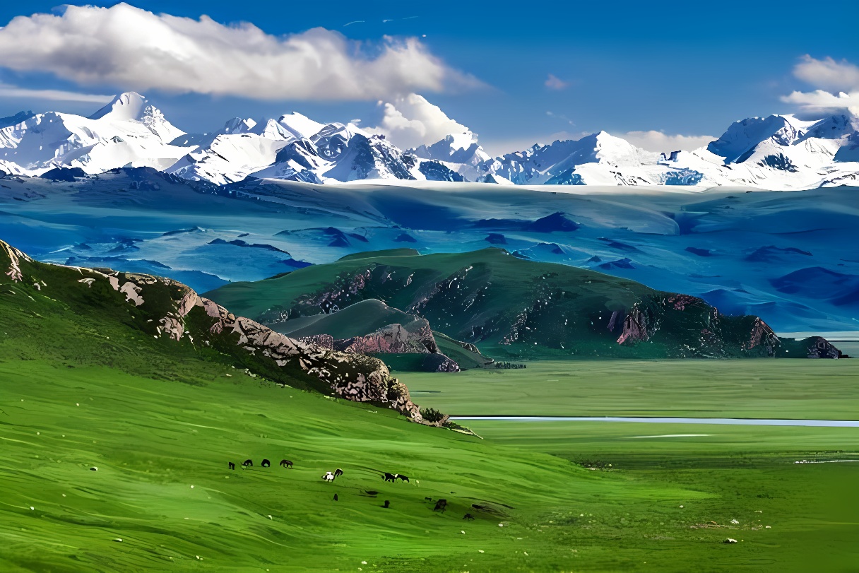 图片展示了一片广阔的草原，前景有几匹马在吃草，背景是连绵的雪山和蓝天白云，景色宁静而壮丽。