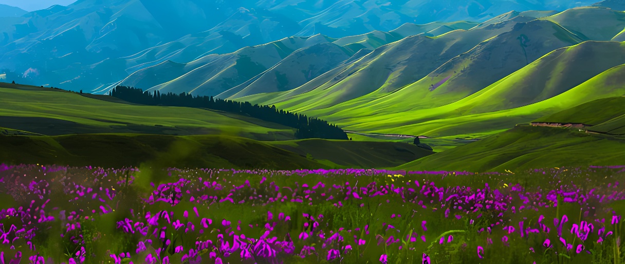 这是一幅描绘山谷风光的图画，前景是紫色花朵，背景有连绵起伏的绿色山丘和蓝色天空。