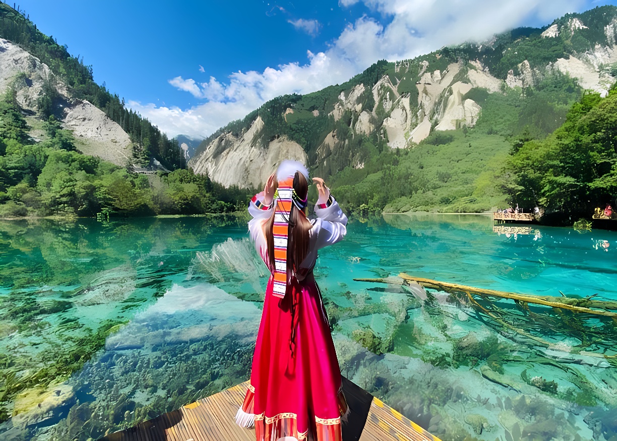 图片展示一位身穿红色民族服饰的女士背对镜头，正站在湖边的木板上，远处有山峰和树木，湖水清澈见底。