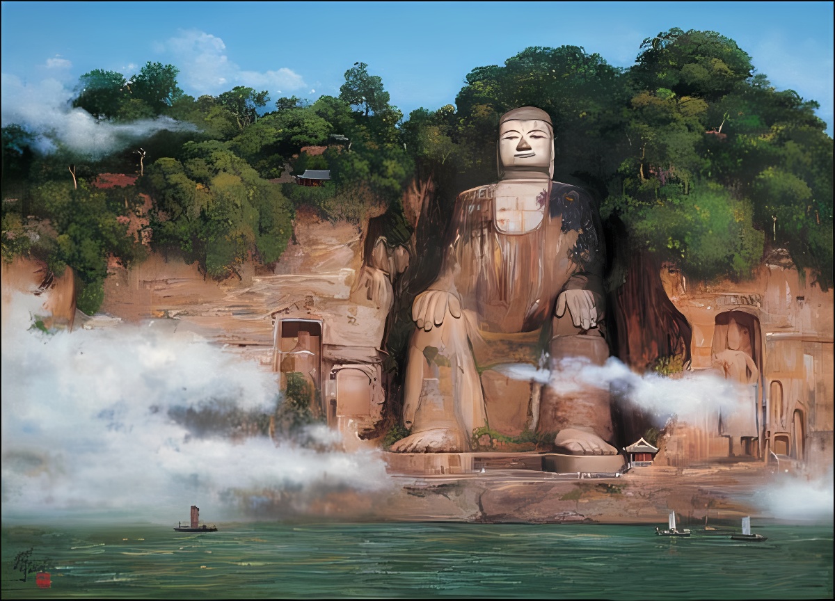 图片展示了一尊巨大的佛像，位于山崖上，四周有树木和云雾，前方是一片水域，显得宁静而庄严。