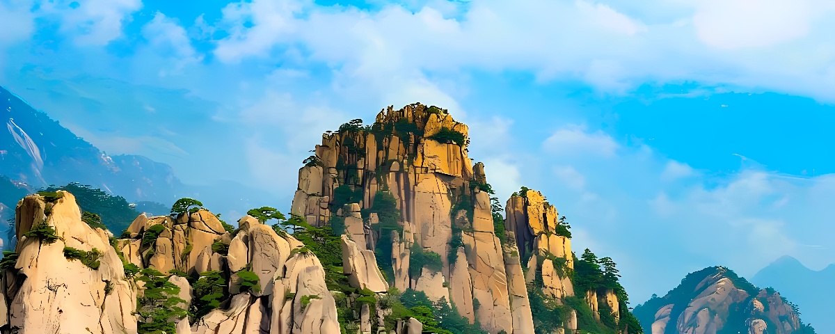 图片展示了雄伟的山峰，巍峨的岩石在蓝天白云映衬下显得格外壮观，自然风光令人赞叹。