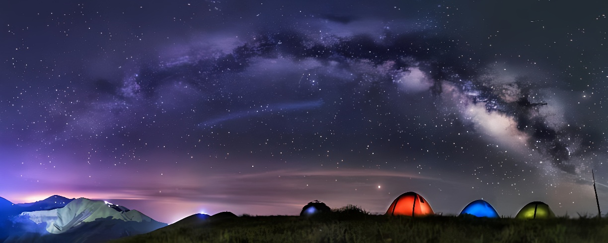 图片展示了夜晚壮观的银河，天空繁星点点，地面上有几顶彩色帐篷，远处是朦胧的山脉轮廓。