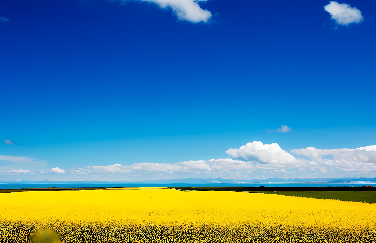 这是一张描绘广阔景观的图片，前景是金黄色的油菜花田，中景有绿色植被，背景是蓝天和洁白的云朵。