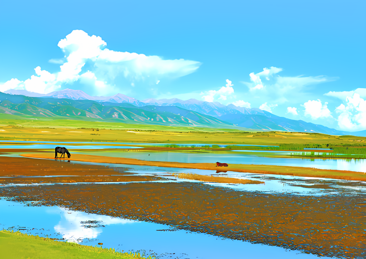 这是一幅风景画，描绘了宁静的湖泊、广阔的草原、远处的雪山，以及湖边悠闲的马儿。色彩鲜艳，充满生机。