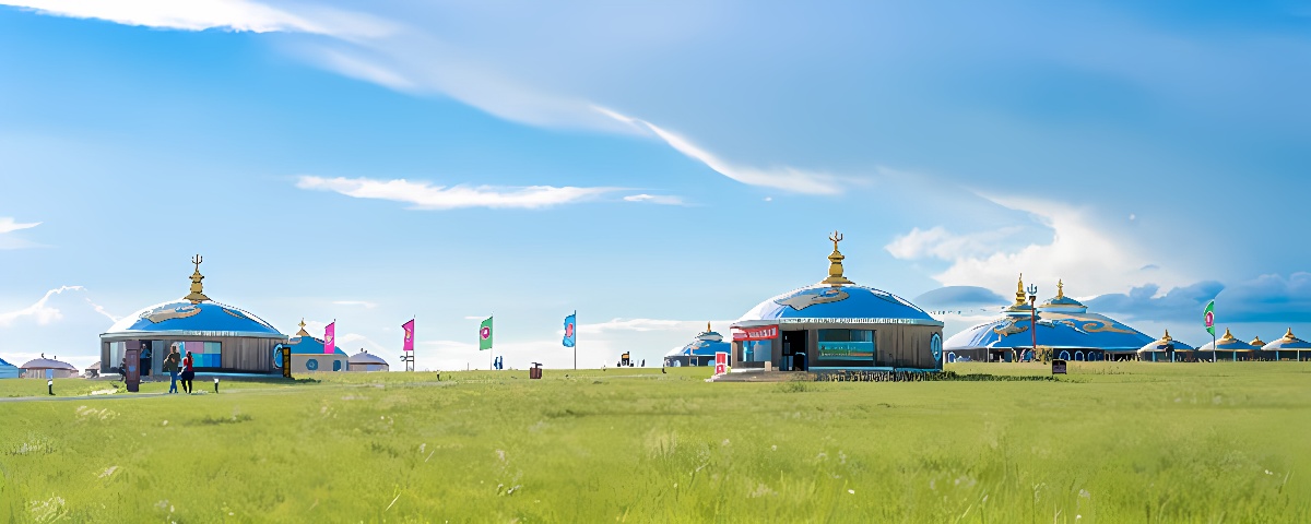 草原上蓝天白云下，几顶装饰有金色顶饰的蒙古包分布其中，周围插有彩旗，几人在草地上散步。