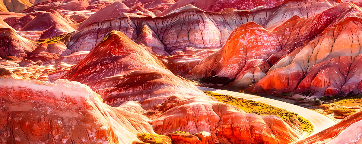 这张图片展示了层层叠叠的红色岩石，形态各异，色彩斑斓，中间蜿蜒着一条细小的河流。