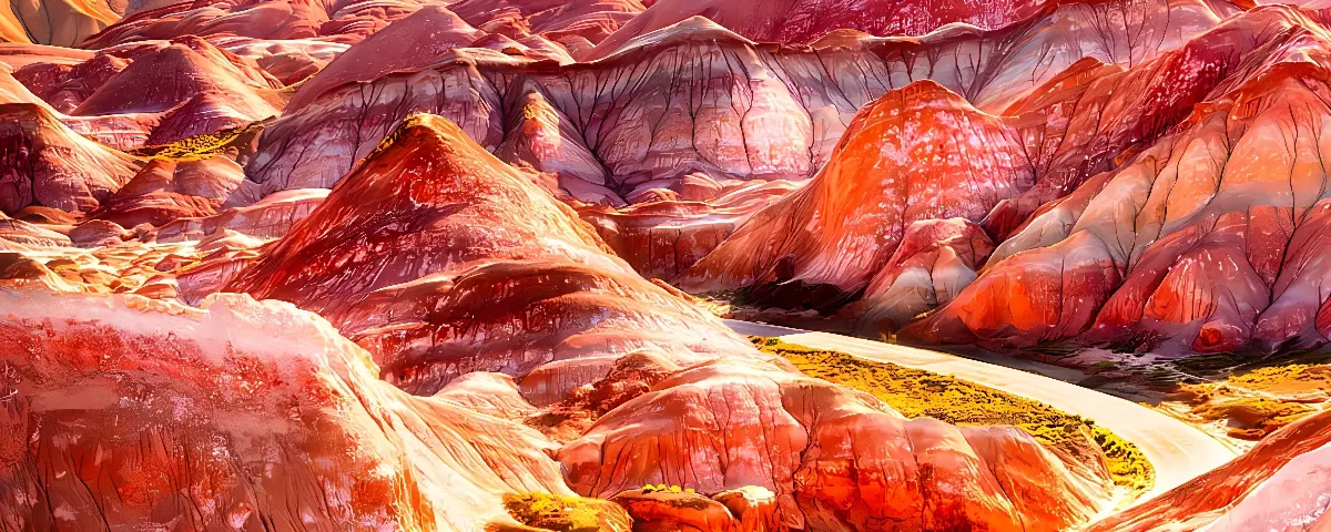 这张图片展示了一片色彩斑斓的丘陵地貌，红色、粉色和黄色交织，中间蜿蜒着一条细小的河流。