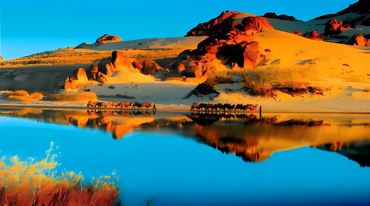 图片展示了一队骆驼在沙漠中行走，沙丘和岩石在清澈湖水中映出倒影，夕阳的光线照亮了景色，色彩鲜艳。