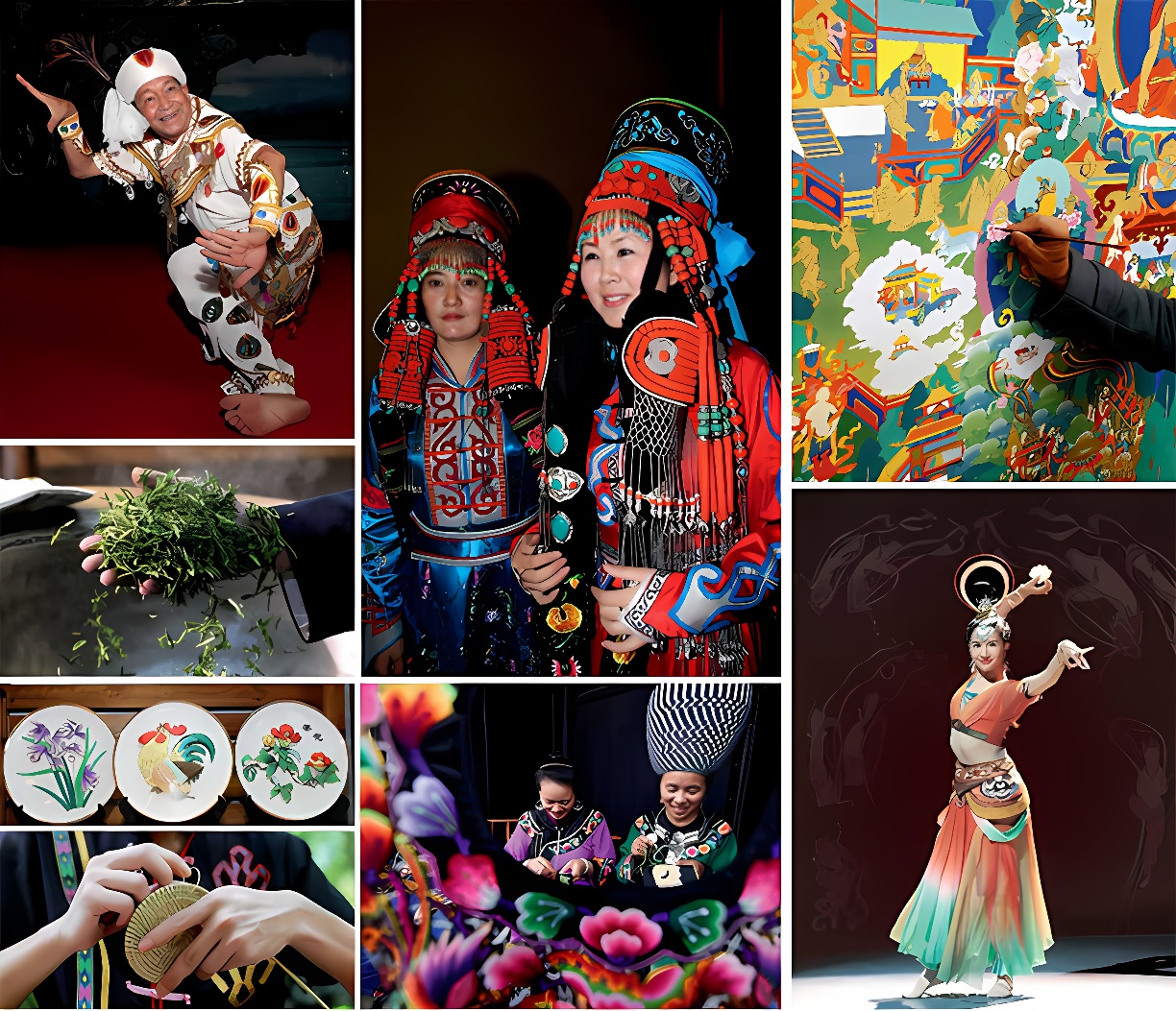 图片展示多元文化场景：欢快的舞者、传统服饰的人物、艺术创作、农业劳作、饮食制作、舞台表演，丰富多彩的生活片段。