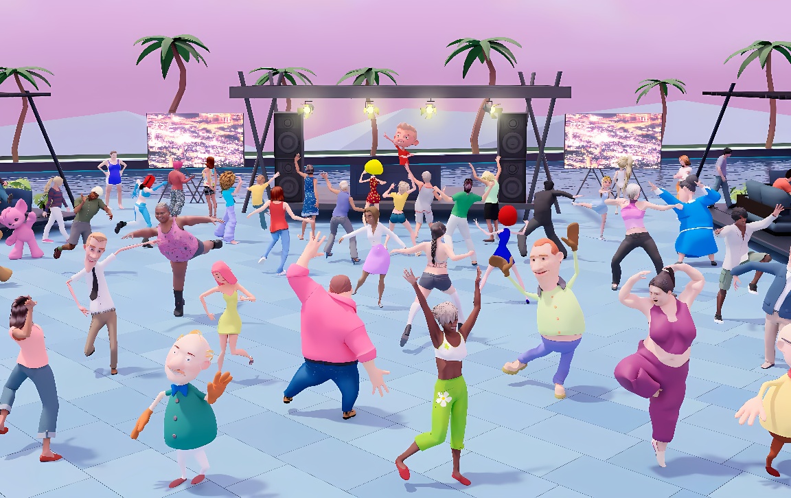 图片展示了一群卡通风格的人物在户外举办派对，跳舞欢庆，背景是黄昏时的海滩和棕榈树。