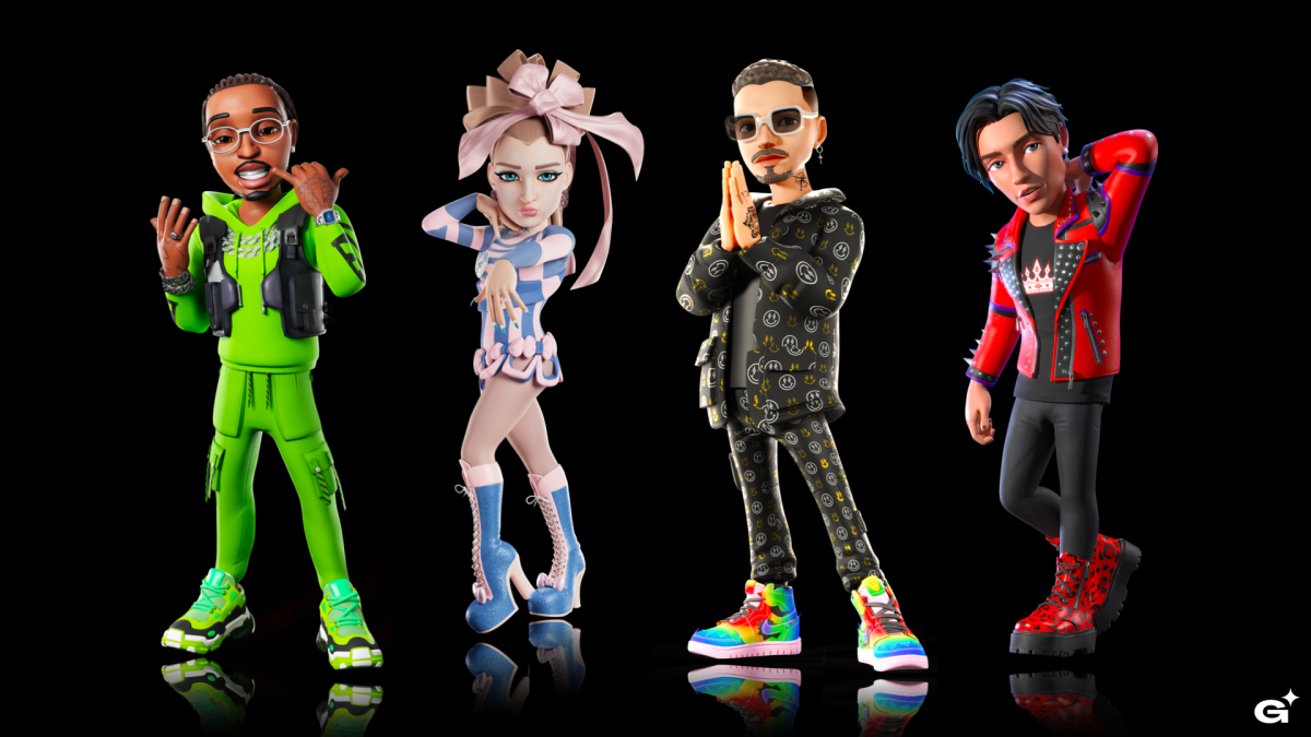 这张图片展示了四个穿着时尚、个性化服装的卡通风格的虚拟角色，他们站立姿态各异，背景是纯黑色。