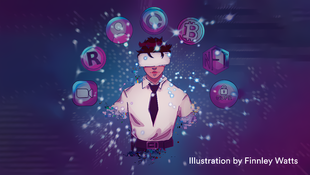 图片展示一位戴着虚拟现实眼镜的人，周围环绕着各种代表技术和网络的符号，背景为深紫色调。