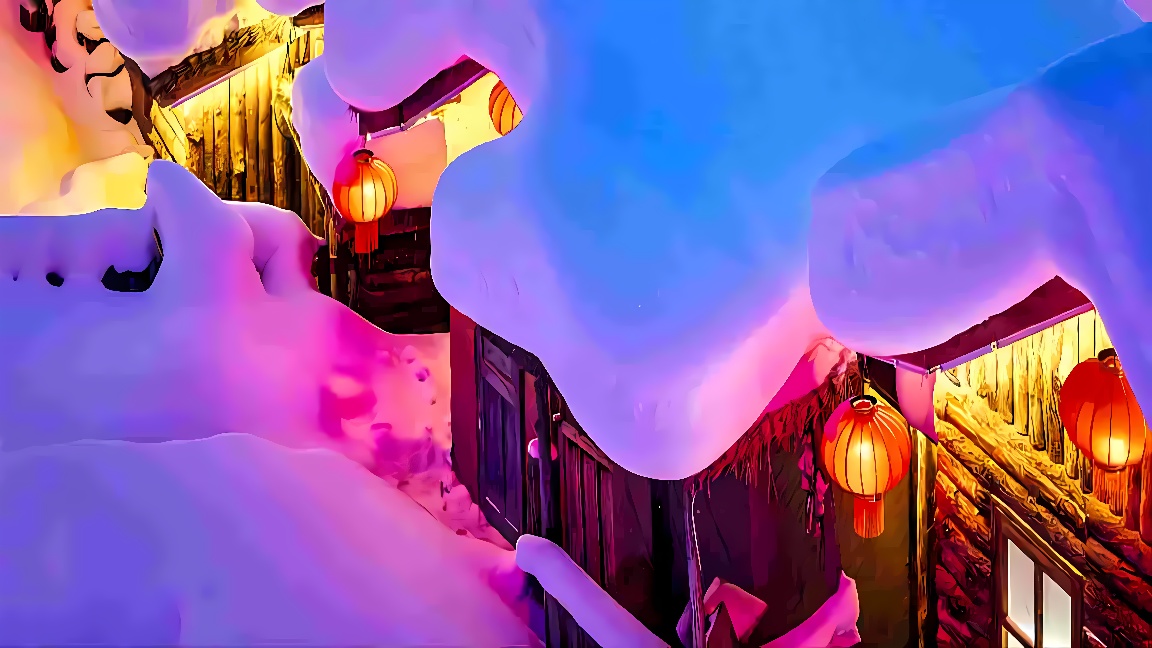 图片展示了夜晚被厚雪覆盖的建筑，屋檐挂有红色灯笼，营造出温馨节日氛围，色彩对比鲜明，显得幽静而美丽。
