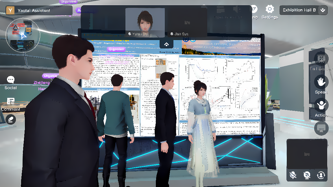 图片展示了三个三维虚拟人物在一个类似会议室的环境中，他们面对着带有图表和文字的大屏幕，似乎在进行讨论或演示。
