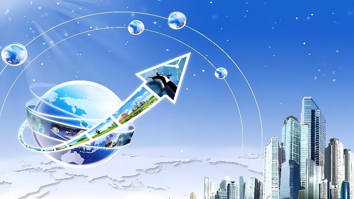 这是一张描绘全球化和高科技通信的概念图，展示地球、城市天际线和围绕地球旋转的透明气泡内包含信息符号。