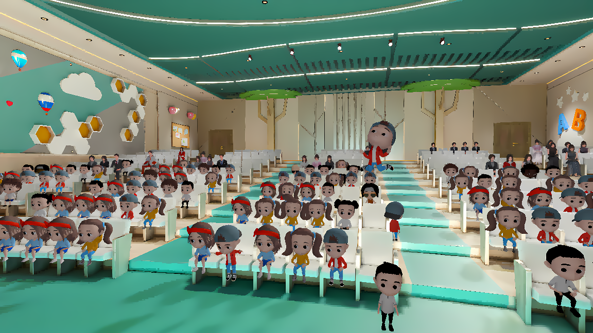 这是一张卡通风格的图片，展示了众多穿着校服的孩子们在一个装饰有云朵和气球的室内空间里坐着，前方有一个讲台。