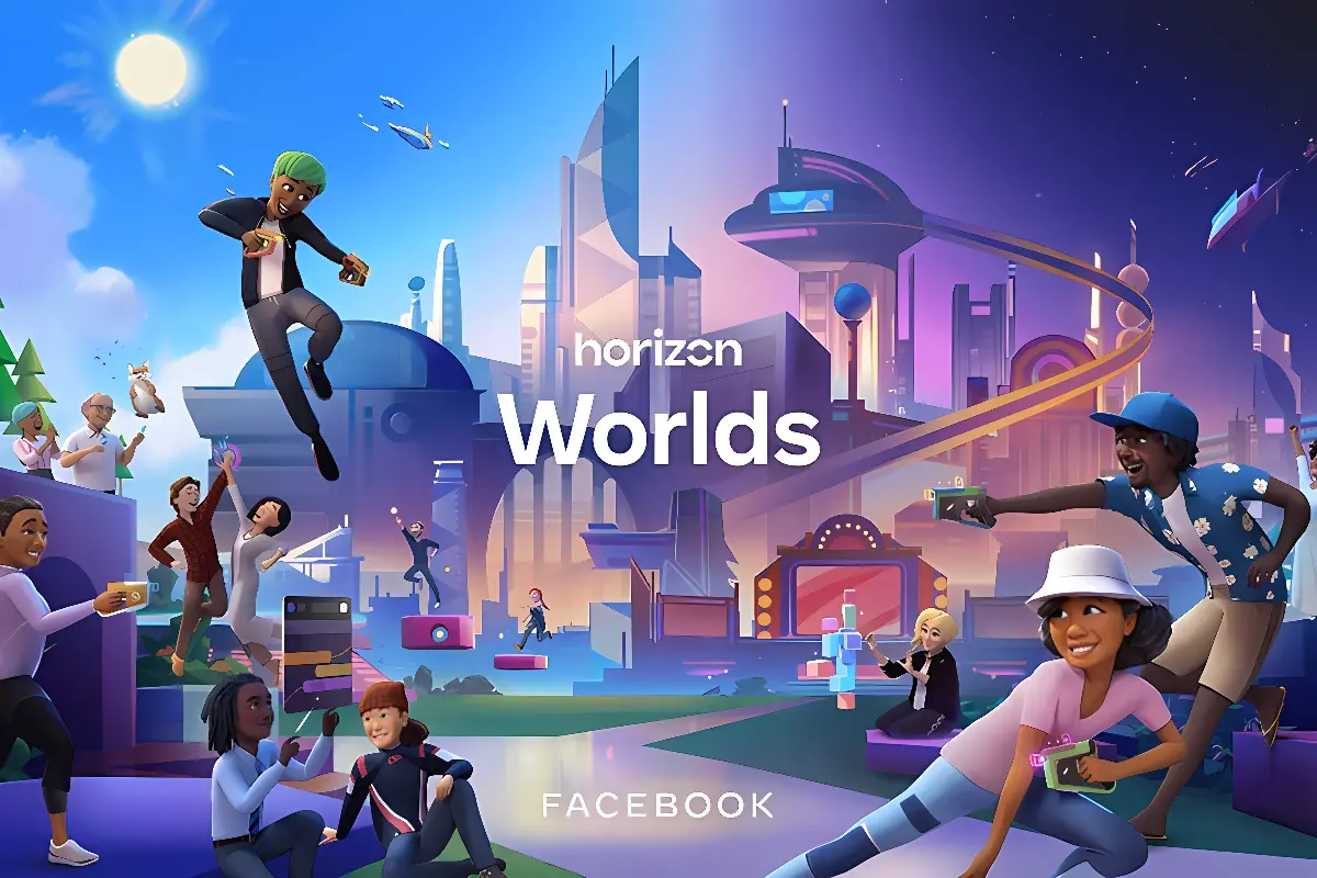 这张图片是一幅描绘虚拟现实世界的插画，展示了多个卡通风格的人物在进行各种活动，背景是未来城市景观，上方有“Horizon Worlds Facebook”字样。