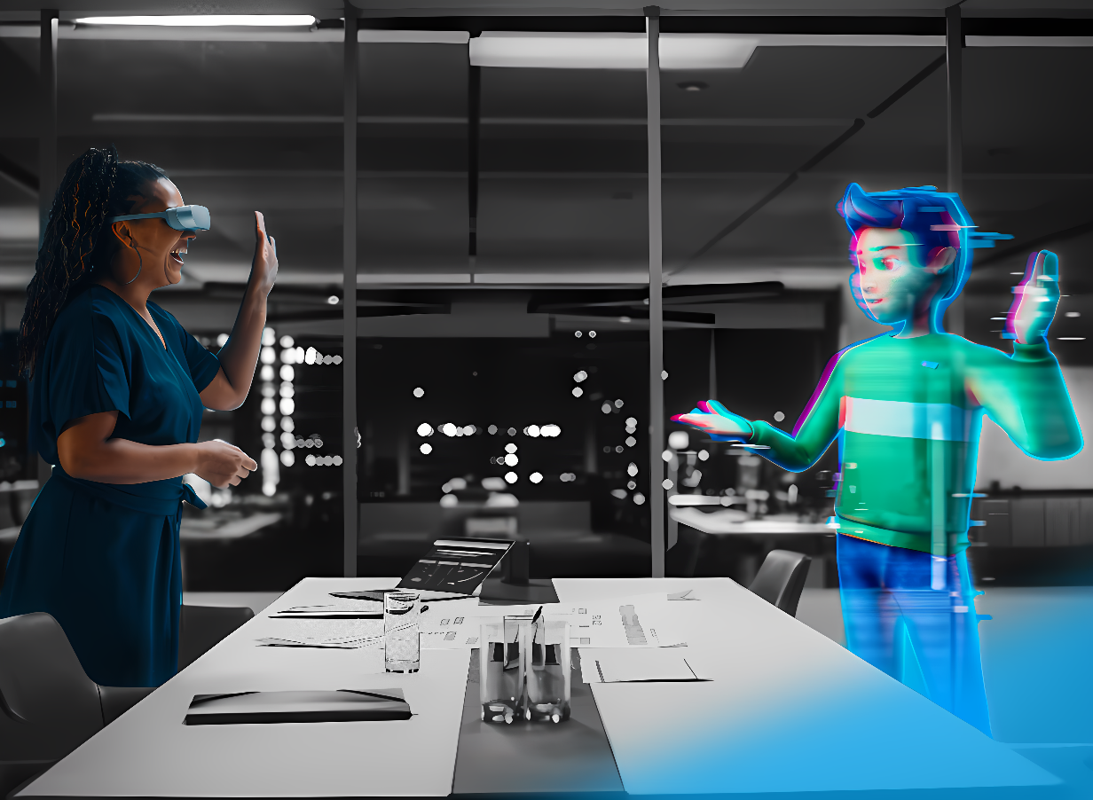 图片展示一位戴着虚拟现实头盔的女士与一位虚拟现实中的男性角色互动，两人在现代化办公室内，周围有桌椅和电脑。