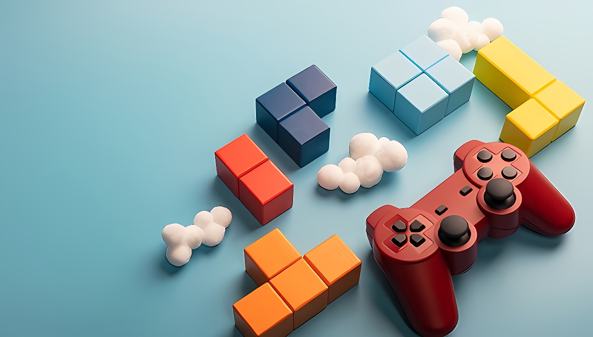 图片展示了两个红色游戏手柄和多个不同颜色的立方体积木，背景是淡蓝色，整体给人一种简洁现代的感觉。
