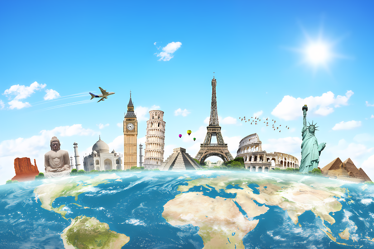 这张图片展示了一个地球仪，上面有著名的世界地标，如埃菲尔铁塔、自由女神像等，象征世界多元文化和旅游景点。